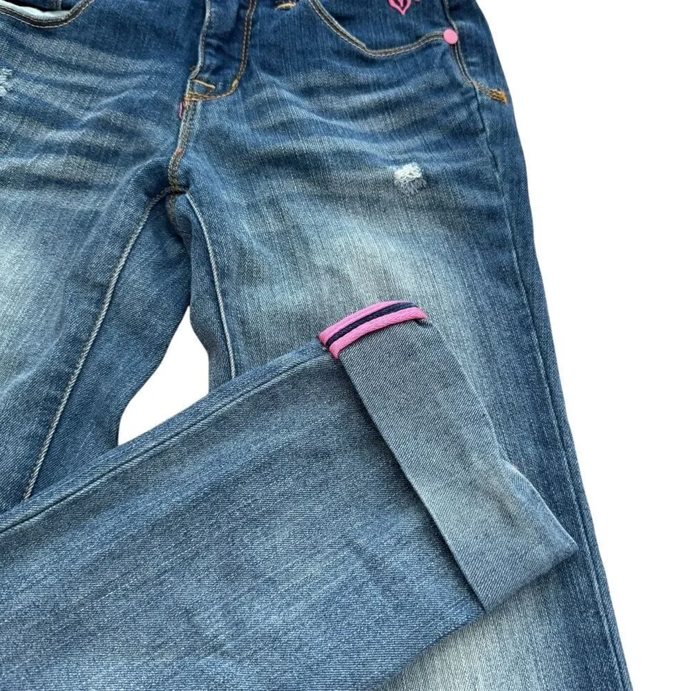 Y2K Justice Blue Denim Jeans Straight Rolled Up Cuff Faded Distressed 12S
